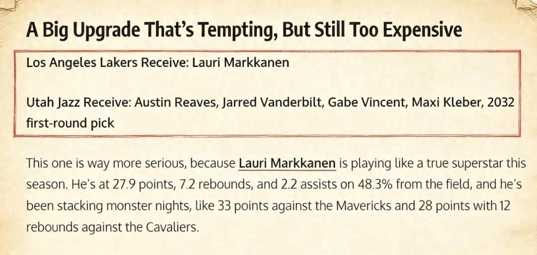 开云官网-5换1交易方案出炉，场均28+7前锋加盟湖人，驰援詹姆斯？